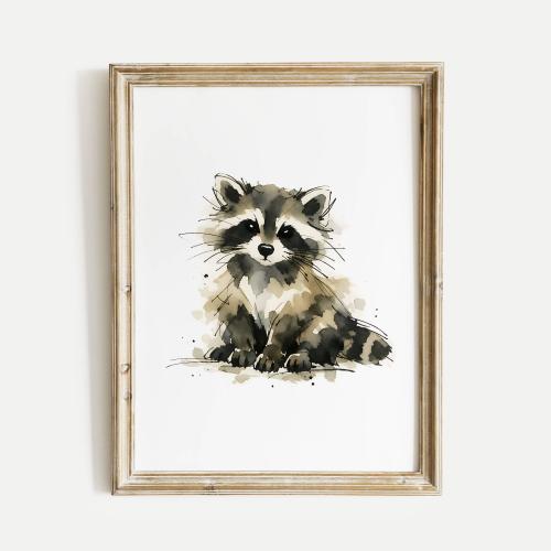 Baby Raccoon Watercolor Ink & Wash Wall Art Print, Woodland Nursery Decor, Neutral Animal Baby Room Poster, Kids Nature Gift