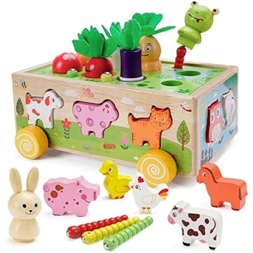 Toddlers Montessori Wooden Farm Toys for 1 2 3 Year Old Boys Girls, 1st 2st One Year Old First Birthday Gift for Kids, Shape Recognition Learning Fine Motor Skills Toy