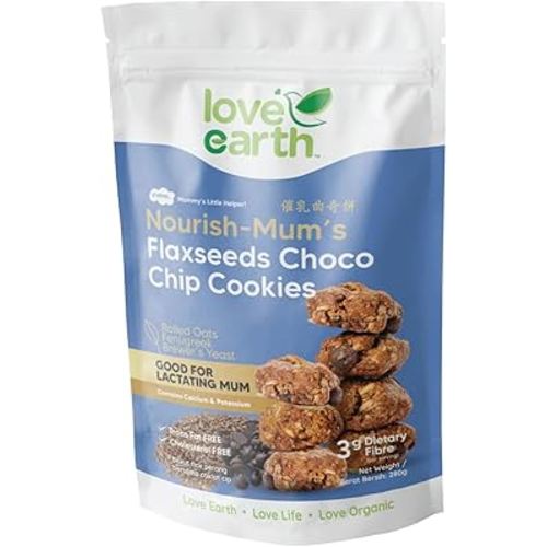 Love Earth Nourish Mums Flaxseeds Choco Chip Lactation Cookies 280g - Delicious & Nutritious Snack for Breastfeeding Moms, Supports Natural Milk Supply, Packed with Omega-3, Healthy Lactation Aid