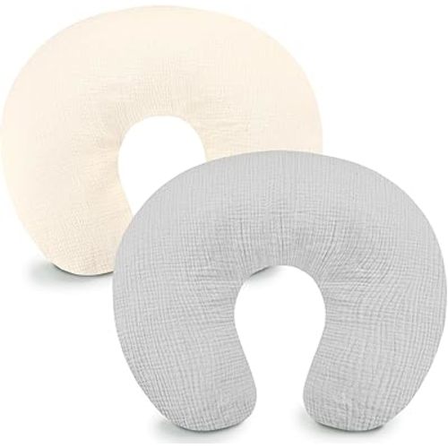 Hooyax Muslin Nursing Pillow Covers 2 Pack, Soft and Breathable Nursing Covers for Breastfeeding Pillows, Adorable Infant Feeding Pillow Slipcover for Baby Boy and Girls (Gray Creamy-White)