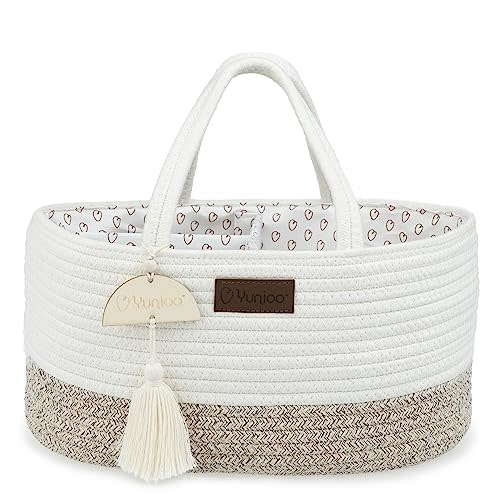 Yunioo Diaper Caddy Organizer, Diaper Bag Tote for Changing Table Necessities and newborn essentials must haves, Diaper bag organizer for baby changing station, Baby Shower Gift Basket, White/Beige