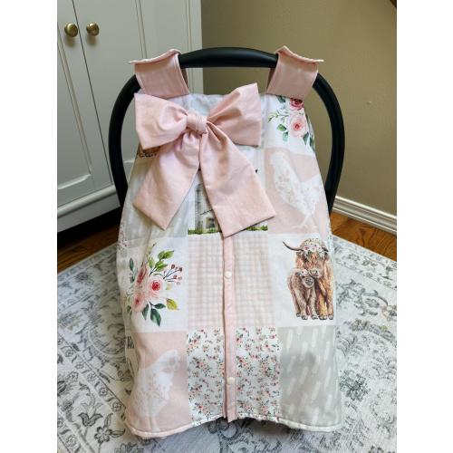Farm Life Baby Girl Car Seat Cover Pink Cows Tractors Cotton Minky Blend