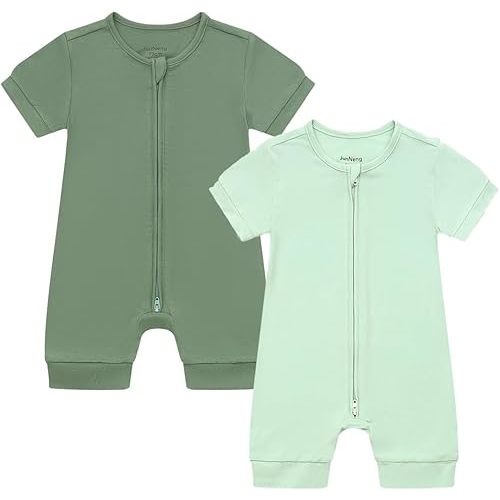 JunNeng Baby Boy Girl 2 Pack Rayon of Bamboo Summer Sleeper Infant Soft Short Sleeve Zipper Footless One-piece Romper
