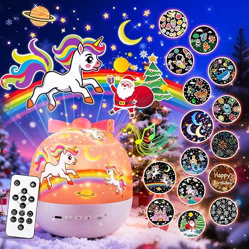 PIKOY Unicorn Toys for Girls Gifts, 15 Films+15 Lullaby Sound Machine for Kids Night Light Projector, Remote+Rechargeable Night Light for Kids Gifts, 360 °Rotation Princess Mermaid Toddler Girl Toys