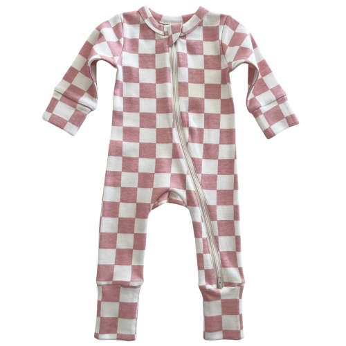 Strawberry Shortcake Checkerboard / Organic 2-Way Zip Romper