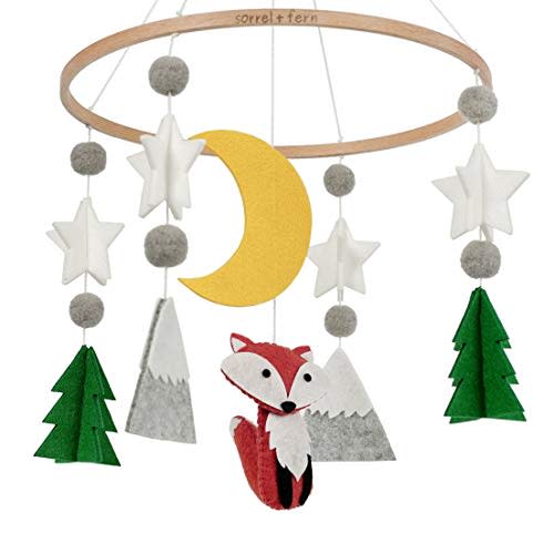 Sorrel + Fern Baby Crib Mobile (Woodland Fox) - Nursery Decoration - Ceiling Mobile and Crib Mobile - Hypoallergenic Eco-Felt, Unfinished Wood, Adjustable, Green, Grey, Yellow, Red/Brown
