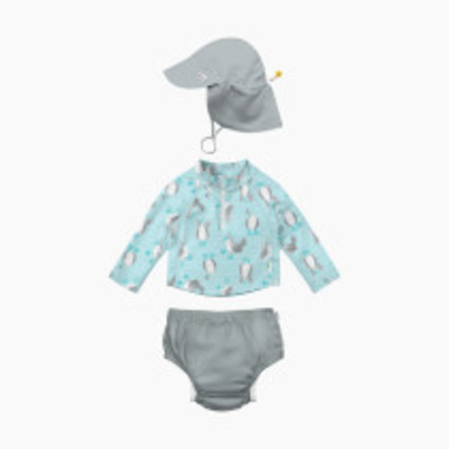 GREEN SPROUTS UPF 50+ Snap Swim Diaper & Rashguard Set with Hat - Gray/Light Aqua Blue, 0-6 Months