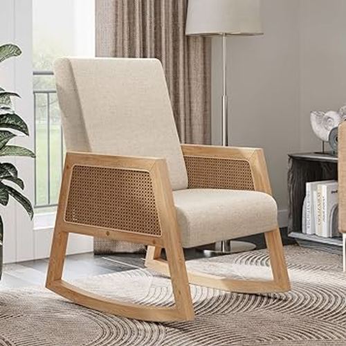 BELLEZE Rocking Chair, Wide Seat Rocking Armchair with Cushion and Rattan Armrests, Linen Fabric Nursery Chair, Upholstered Rocking Accent Chair for Nursery Living Room Bedroom - Belgian (Beige)