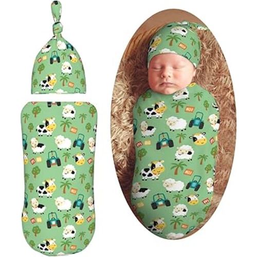 Funny Cow in Farm Yard Newborn Swaddle Blankets Hat Sets Soft Baby Receiving Blanket Swaddle Sack for Baby Shower Infant Boy Girl Gift