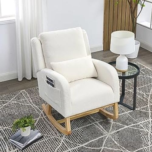 Rocking Chair Nursery with Pillow, Nursery Rocking Chairs in Teddy Fabric with Wingback & Armrest, Built-in 2 Side Pockets, Comfy Nursery Glider Nursing Chair Armchair for Living Room, Bedroom, White