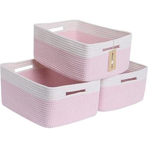 Large Storage Baskets for Shelves, Closet Organizers Bins for Clothes Blanket Towels, Baby Nursery, Toy Baskets Box, Woven Rope Baskets, 17 x 13 x 7.5”, 3 Packs Woven Pink