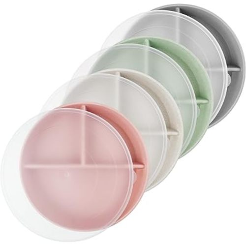 greenandlife 9 Inch 4PCS Divided Plates with Lids, Portion Control Plates for Kids Adults, Dishwasher Microwave Safe Compartment Plate, Unbreakable Lightweight Reusable Wheat Straw Plate Set, INS