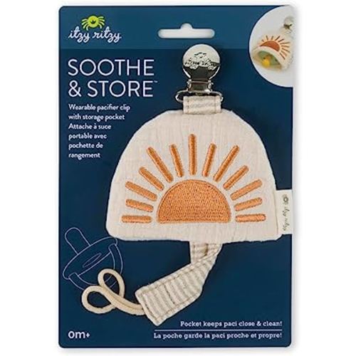 Itzy Ritzy Soothe & Store Pacifier Clip and Storage Pouch; Wearable Pacifier Strap Includes Storage Pocket with Closure; (Pacifier Not Included) Terracotta Sun