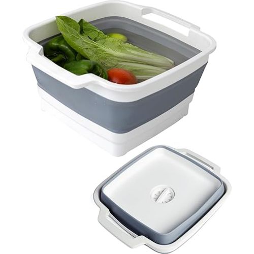 Collapsible Wash Basin with Drain Plug 9L (2.4Gal), Dishpan for Washing Dishes Basin,Collapsible Dish Tub Portable Sink for Kitchen Sink, Camping RV Washing Tub(Gray)