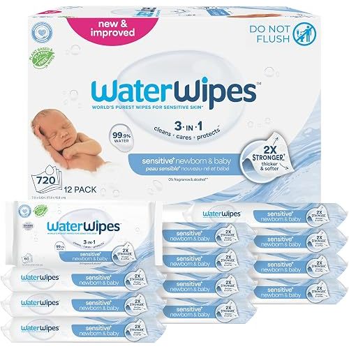 WaterWipes Sensitive+ Newborn & Baby Wipes, 3-In-1 Cleans, Cares, Protects, 99.9% Water, Unscented & Hypoallergenic, 720 Count (12 Packs)