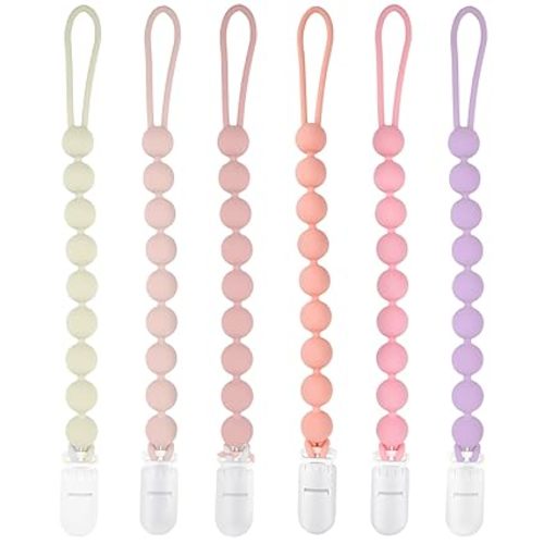 MINMUNJIU Silicone Pacifier Clip Holder, 6 Pack One Piece Soft Flexible Binky Clips Pacifier Holder Clip for Girls, Baby Girl Newborn Essentials