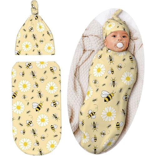 Cute Bee Baby Stuff Swaddle Blanket Set with Beanie Hat for Boys and Girls, Soft Daisy Newborn Sleeping Sack Receiving Blanket Shower Gift