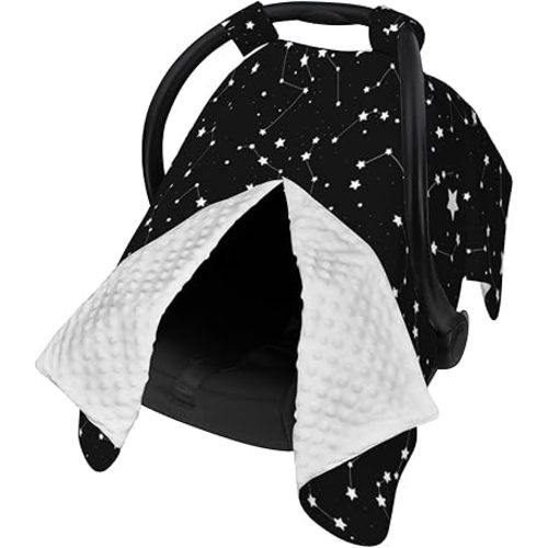 9CH Car Seat Covers for Babies, Peekaboo Opening Minky Car Seat Cover for Baby Mom Nursing Breastfeeding Covers, Winter Minky Baby Carrier Cover for Girls Boys (Black Star)