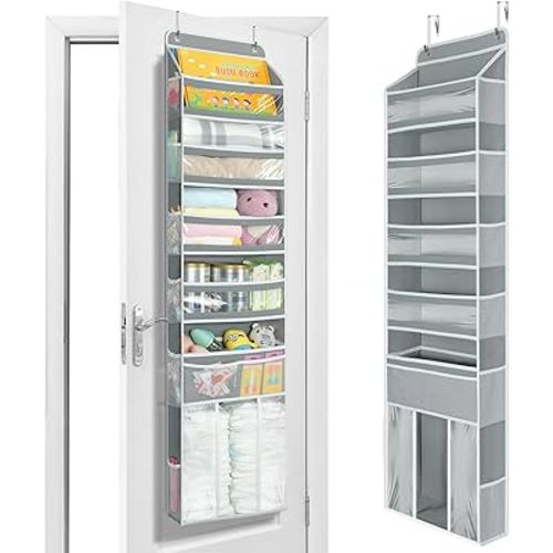 Yecaye 6 Tier Over the Door Organizer with Detachable Bin, Stuffed Animal Storage with Clear PVC Windows, Door Organizer Hanging for Bedroom Nursery Closet Dorm Room Laundry Pantry Bathroom, Grey