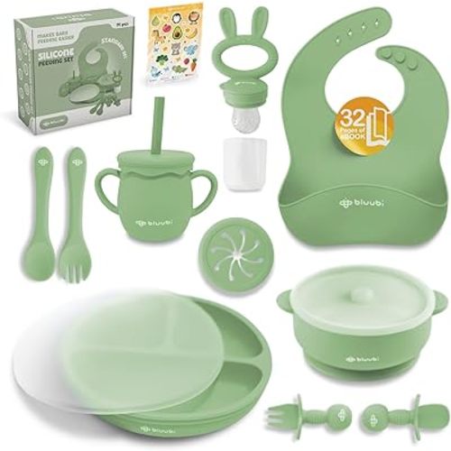 Silicone Baby Feeding Set - Infant Tableware for First Foods & Baby, Led Weaning (0+ Months), Easy to Clean, Durable, Perfect for Baby Boy or Girl, Solid Feeding - Olive - Standard