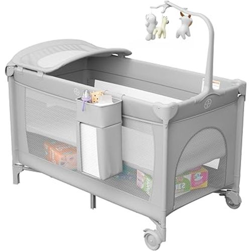 4 in 1 Pack and Play with Changing Table Diaper Organizer & Mattress, Foldable Baby Bassinet Bedside Sleeper, Portable Large Travel Crib Playpen for Newborn to Toddles (Grey)