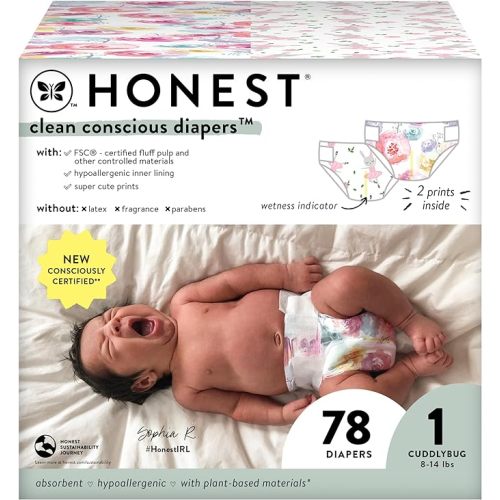 The Honest Company Clean Conscious Diapers | Plant-Based, Sustainable | Rose Blossom + Tutu Cute | Club Box, Size 1 (8-14 lbs), 78 Count