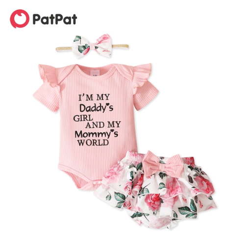 PatPat 3pcs Baby Girl 95% Cotton Short-Sleeve Letter Print Romper & Floral Print Layered Ruffled Shorts & Headband Set,0-18 Month
