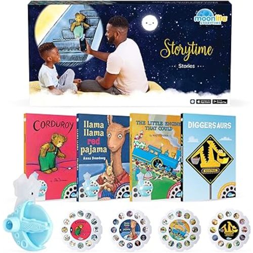 Moonlite Storytime Mini Projector with 4 Classic Stories, A Magical Way to Read, Digital Storybooks, Corduroy, Llama Llama, Diggersaurs, and The Little Engine That Could