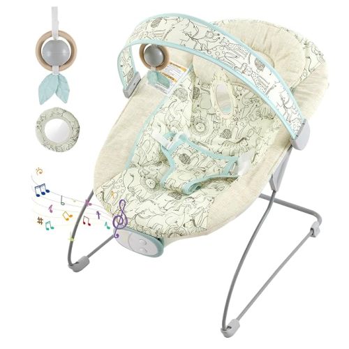 Portable Baby Bouncer for Infants,Foldable Baby Bouncer Seat,0-6M,0-20lb | 8 Melodies Music,3 Vibration Levels & Adjustable Volume,3-Point Harness,Machine Washable,Sensory Toys,Indoor & Outdoor Use