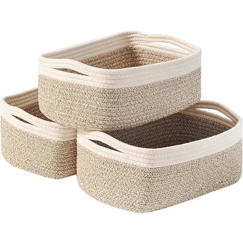 Small Baskets for Organizing, Decorative Storage Baskets for Shelves, Storage Bins, Woven Baskets for Storage, Mini Basket for Nursery, 13"×8.5"×5.1" (3 Packs) Off White & Brown