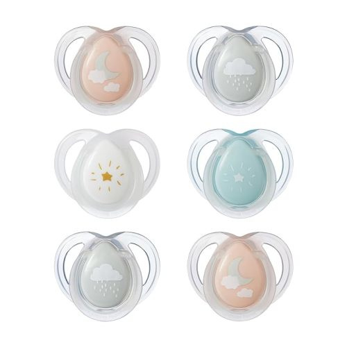 Tommee Tippee Nighttime Pacifiers, 0-6 Months, 6 Pack of Glow in The Dark Pacifiers with Symmetrical Silicone Baglet - Pink Pastels - 6 Count