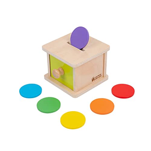 Adena Montessori Coin Box,Object Permanence Box Toys for 1 Year Old Baby Coins,Wooden Montessori Ball Drop Toys Developmental Toys for 6-12 Month Infant Toys,Learning Kids Gifts(Yellow-Green Door)