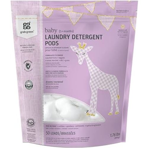 Grab Green Baby Laundry Detergent Pods, 50 Count, Dreamy Rosewood, Plant and Mineral Based, Formulated to Tackle Growing Baby (5 Months and Older) Laundry Stains