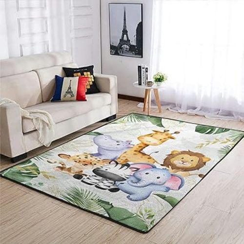 Baby Toddler Kids Nursery Area Rugs Jungle Safari Animals Tropical Leaves Print Throw Rugs Carpet for Bedroon Bathroom Playroom Decor Lion Elephant Hippo Giraffe Floor Mat 20x32in/1.6'x2.6'