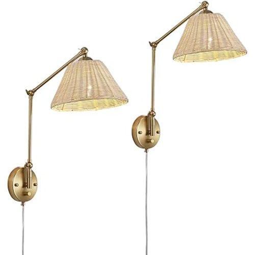 Gold Plug in Dimmable Swing Arm Hand Woven Rattan Wall Sconces Set of 2, Indoor Vintage Wall Light Fixture Wall Mounted Lamp for Bedroom Living Room Bedside Home Office E26 LED Bulb Included