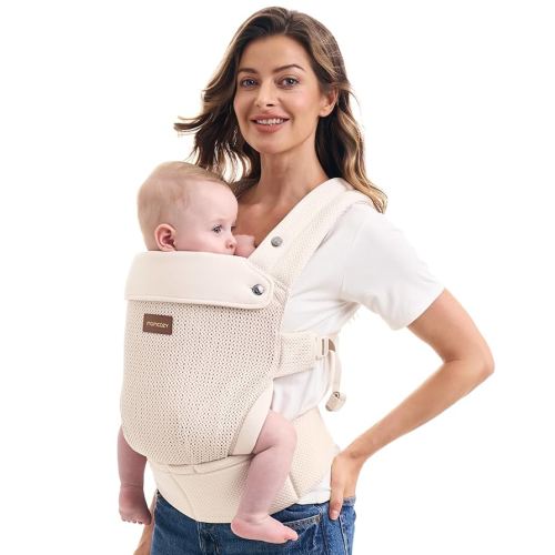 Momcozy Breathable Baby Carrier, Ergonomic and Lightweight Infant Carrier for 7-45lbs with Enhanced Lumbar Support, All Day Comfort for Hands-Free Parenting, Air Mesh-Apricot