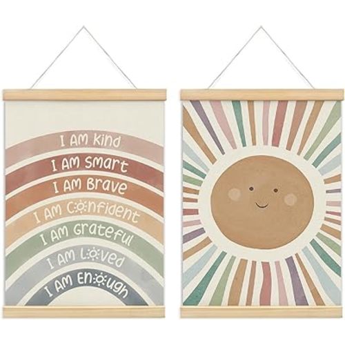 Nursery Kids Room Bedroom Wall Art Decor Boho Cute Positive Affirmations Wall Decor for Toddler Baby Girls Room Classroom Calming Corner Playroom Bathroom Wooden Poster Frames 12x16 Rainbow