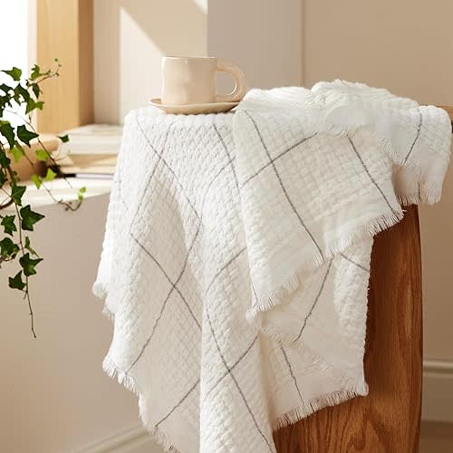 Bedsure Cream Throw Blanket for Bed - White Decorative Woven Throw Blankets with Tassels - Soft and Lightweight Farmhouse Throw Blankets for Couch and Sofa (50x60 Inches)