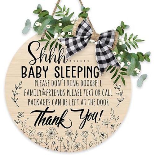 Shhh Baby Sleeping Front Door Sign, Farmhouse Wooden Wreath with Plaid Bow Wall Hanging Decoration