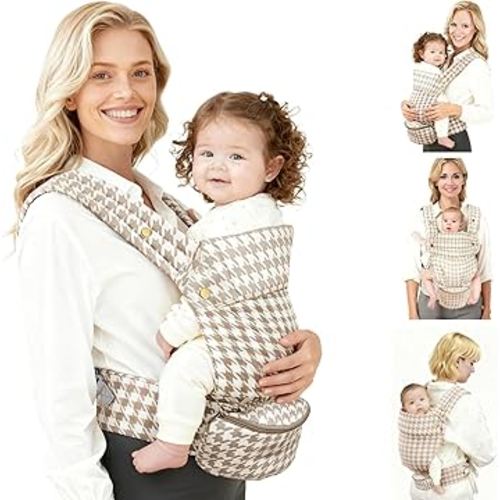 Baby Carrier with Storage Bag, 4 in 1 Front & Back Facing Design, Forward Facing, Adjustable, Baby Essential, Head Support, Baby Carrier for Newborn to Toddler, Champagne Houndstooth
