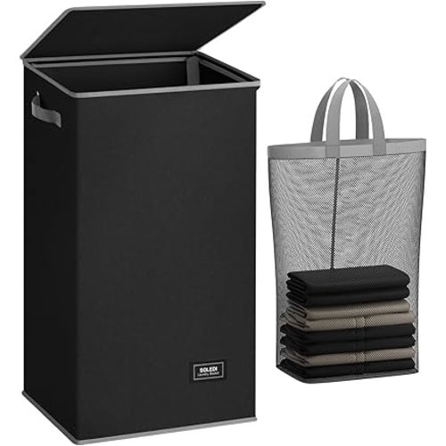 SOLEDI Laundry Hamper Black with Lid and Removable Bag - 100L Large and Tall Laundry Basket Collapsible with Handle for Clothing and Toys Storage - Dirty Clothes Hamper for Bedroom, bathroom, dorm