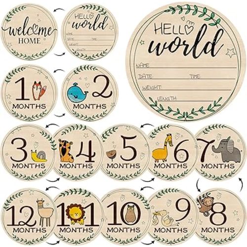 8 Pcs Baby Monthly Milestone Cards- Baby Milestone Signs Wooden Discs 8 Double-Sided Animal Marker Cards for Newborn Photos, Pregnancy Keepsakes & Baby Gift Sets 8pcs Doubleside