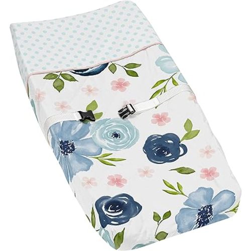 Sweet Jojo Designs Navy Blue and Pink Watercolor Floral Girl Baby Nursery Changing Pad Cover - Blush, Green and White Shabby Chic Rose Flower Polka Dot
