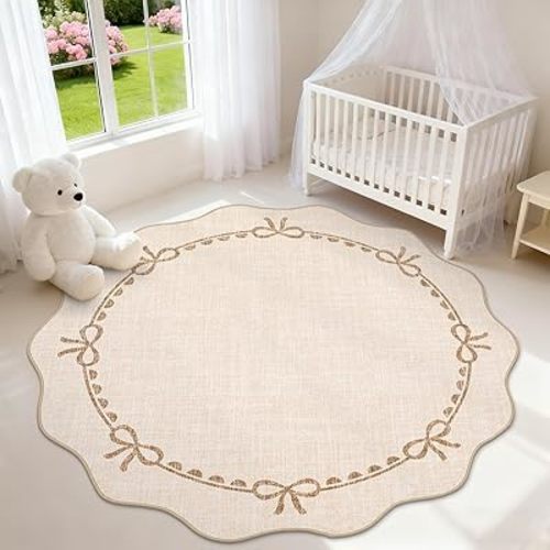 GarveeHome Scalloped Bow Rug for Living Room, 5ft Round Rugs Washable Solid Beige Rug for Dorm Soft Low Pile Non Slip Scalloped Rugs for Nursery Bedroom Decor Hallway Kids Room Playroom