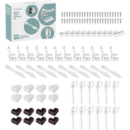 Inaya Complete 50pc Deluxe Baby Proofing Kit - Flexible Hidden Baby Locks for Cabinets and Drawers, Adjustable Child Safety Latches, Corner Guards & Furniture Anchors