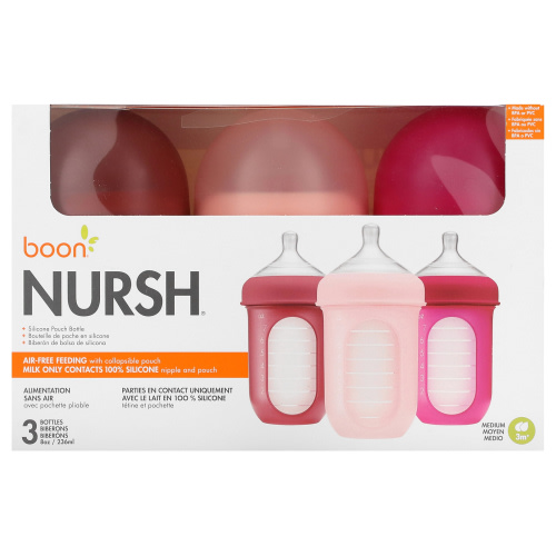 Boon Nursh Silicone Baby Bottles – Stage 2 Medium Flow – 8oz – Pink (3pk)