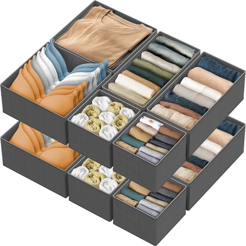 Simple Houseware Foldable Drawer Organizer Set of 12, Beige – Fabric Storage Bins for Clothes, Underwear, Bra, Panty, Socks, Onesies – Closet & Dresser Drawer Dividers for Home Organization