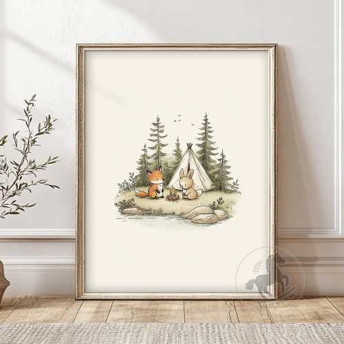 National Park Nursery Print: Camping Fox and Bunny, Woodland Decor (Digital Download)