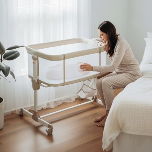 Fodoss All Mesh Bedside Bassinet for Baby, Bedside Sleeper with Wheels, 7-Position Height Adjustable Infant Bassinet, Beige