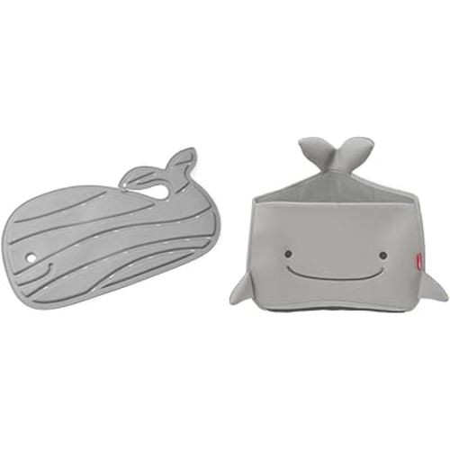 Skip Hop Non-Slip Baby Bath Mat and Bath Toy Storage, Moby Grey Whale Shaped Mat with Corner Toy Organizer